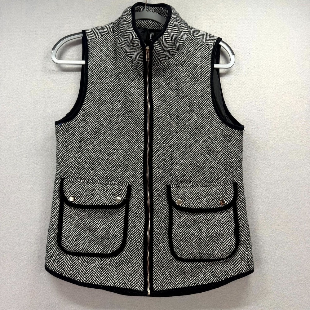 Yahada Quilted Vest Womens Small White Black Herringbone Sleeveless Chore Zip-Up